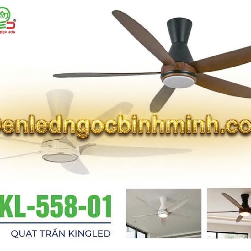 Quạt trần Kingled mã 558-01, động cơ DC đồng, 5 cánh nhựa ABS, đèn led 3 màu, điều khiển từ xa