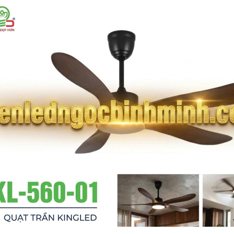 Quạt trần Kingled mã 560-01, động cơ DC đồng, 5 cánh nhựa ABS, đèn led 3 màu, điều khiển từ xa